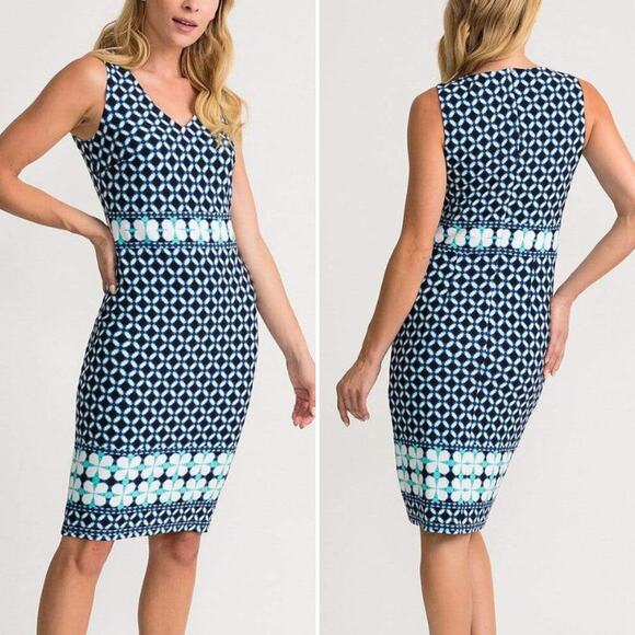 Joseph Ribkoff Blue Geo Print Sheath Midi‎ Dress V-Neck Sleeveless, Size 14 - Picture 1 of 11